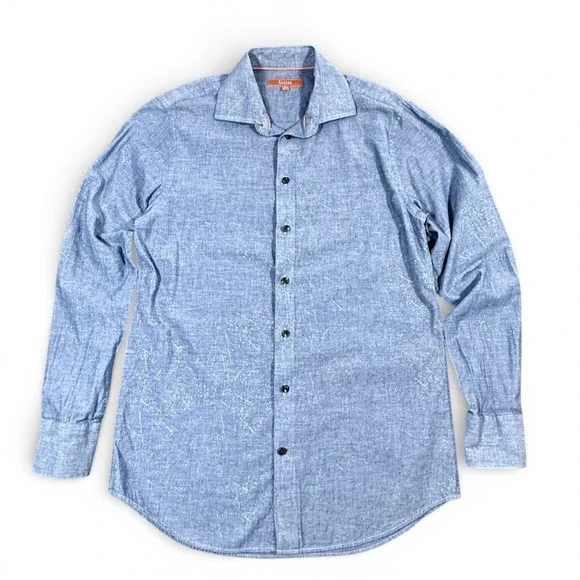 Tallia Men M Chambray Button Down Shirt Blue Subtle Gold Metallic 15.5 34/35 Mod - Picture 8 of 14